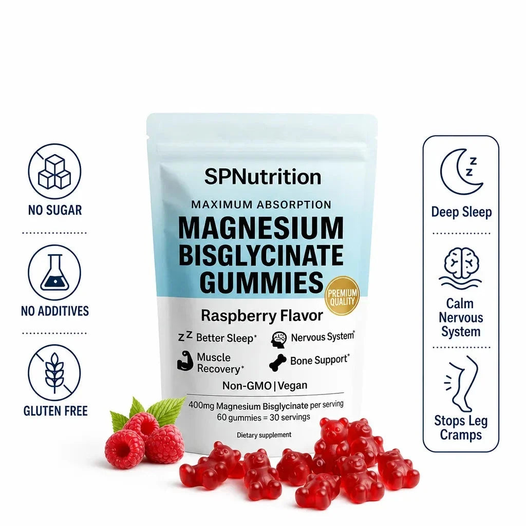 SP Nutrition Magnesium Bisglycinate Gummies packaging with gummies and raspberries on a white background